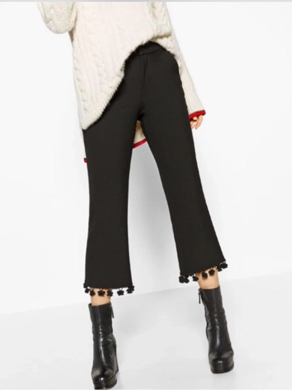 Zara Black Linen Trousers/Pants with Pom Trim size L